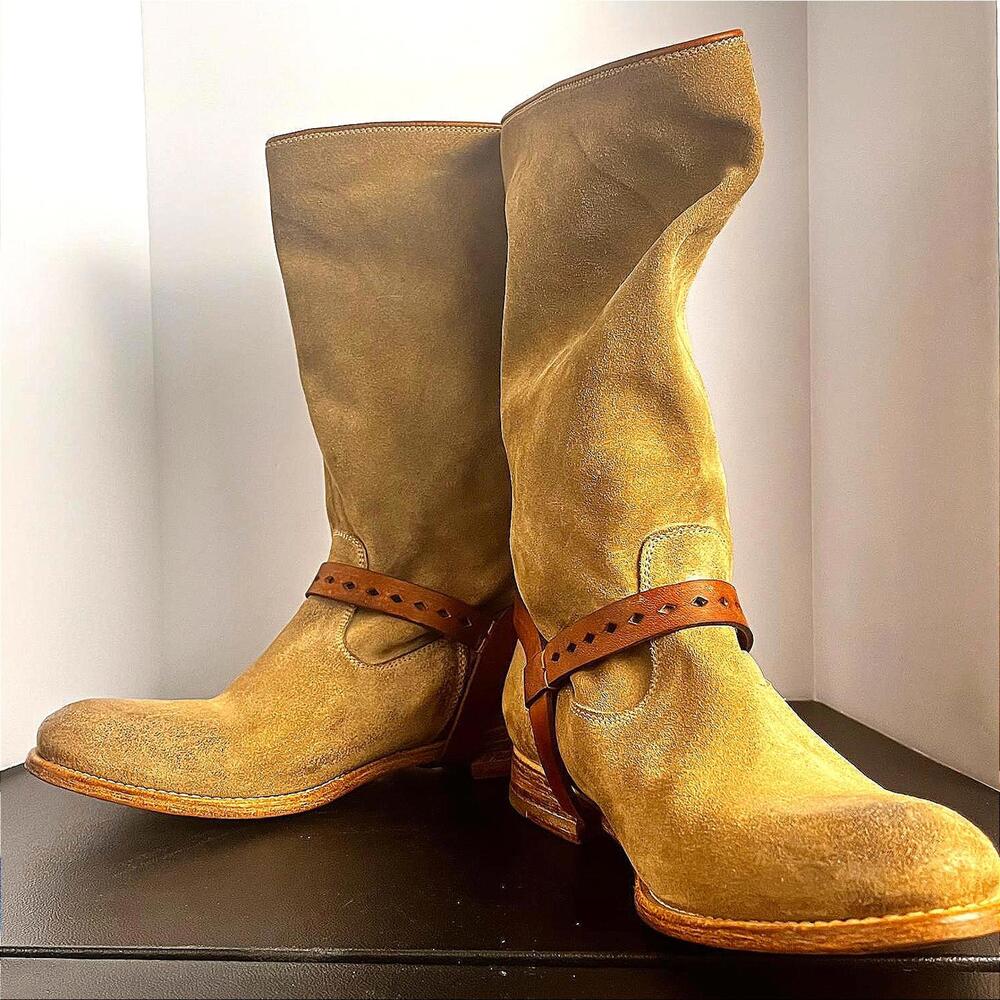 NDC Women's Brown Hand Made Suede Riding Boots with Leather Straps - Size 6.5